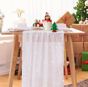White Sheer Gauze Chiffon Table Runner Sequin Glitter Wedding 24.8x118" 10FT - Picture 1 of 5