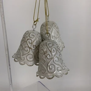 3 Vintage Shabby Chic White Tin Christmas Bell Ornaments 2” - Picture 1 of 4