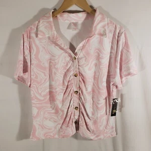 NWT No Boundaries Juniors Knit Button Down Shirt Short Sleeve Pink White XXXL 21 - Picture 1 of 10