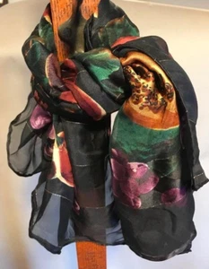Square Black Sheer Striped Multi Color Floral/Fruit Scarf - Picture 1 of 4