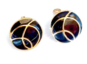 Ohrringe Monet 80er modern schwarz Emaille Goldplatte Wirbel Vintage 1" rund - Bild 1 von 14