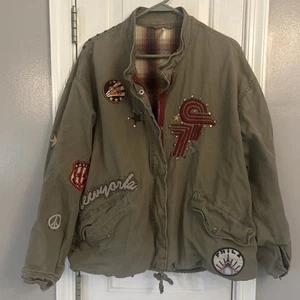 Free People Jacket Slouchy Grunge Heavy Patches Army Green Patches Zipper M/L - Picture 1 of 23