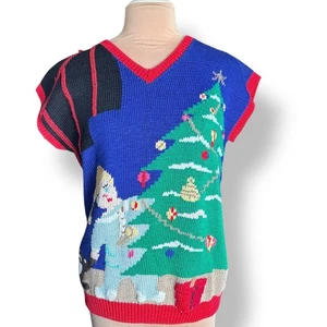 Chaleco de Navidad Berek Vintage Años 80 Tejido a Mano Escena de Árbol de Papá Noel Algodón Pima Festivo  - Imagen 1 de 11