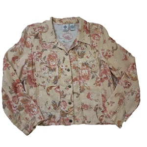Mandarin Blue Womens Peach Floral 100% Linen Jacket Sz PM - Picture 1 of 12