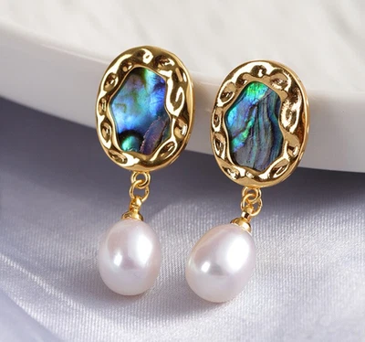 Natural Rice White Freshwater Pearl Abalone Shell Inlay Stud Dangle Earrings AAA - Image 1 of 4