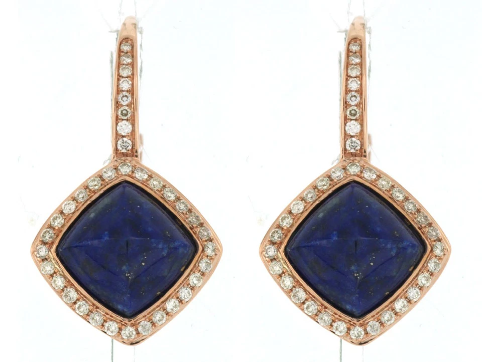 Brincos de ouro rosa 14k com lápis-lazúli corte almofada e halo de diamante - Imagem 1 de 1