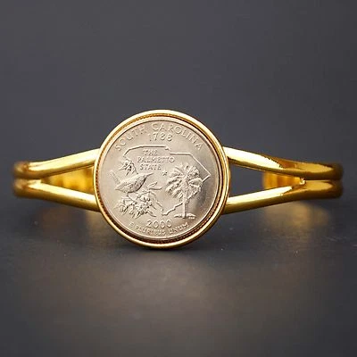 US 2000 South Carolina State Quarter Coin Gold Plated Cuff Bracelet - Beautiful - Image 1 of 4