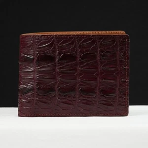 Real Crocodile Dark Red Bilfold Wallet Leather Tail Skin Men's Billfold Wallet - Picture 1 of 11