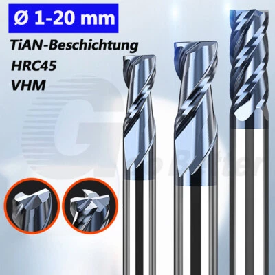 Ø1-20mm VHM Schaftfräser Z=4 Z=2 Spiralnut TiAN-Beschichtet HRC45 Für CNC Fräse - Bild 1 von 4