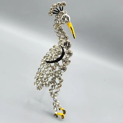 Broche figurativo pájaro exótico grúa esmalte estrás metal maceta Art Deco grande de la década de 1930 Foto 1 de 4