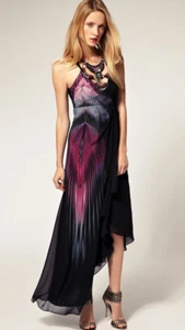 Karen Millen Tribal Print Beaded Maxi Silk Dress Size 12 Asymmetric hem - Picture 1 of 13