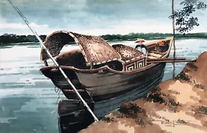 Aquarelle Vietnamienne Ancienne, Signature à Identifier, Arts d'Asie, XXe - Imagen 1 de 4