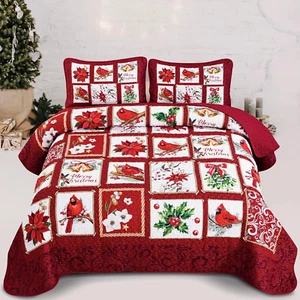 Weihnachten Quilt Sets King Size Rot Patchwork Tagesdecke Beeren und Kardinäle Pat - Bild 1 von 8