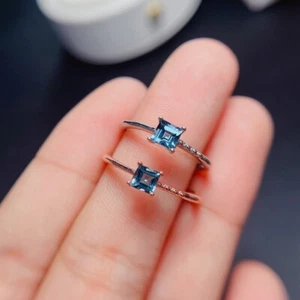 4MM Natural Princess Cut Blue Topaz Solitaire Engagement Ring 14K White Gold FN - Picture 1 of 11