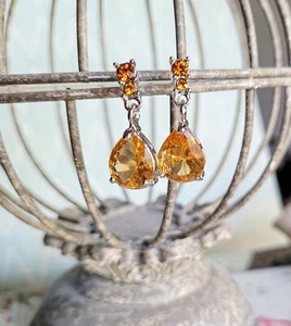 Yellow Morganite Pear Shape Silver Tone Gemstone Dangle Earrings - Picture 1 of 3