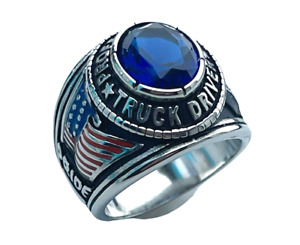 Trucker Pride Blue Sapphire simulated 6CT Mens ring Stainless Steel Size 10 T25