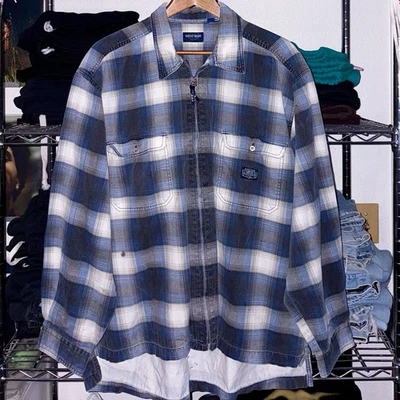 Vintage 80s 90s Guess Jeans USA Classic Blue Plaid Zip Up Casual Flannel Shirt - Image 1 of 4