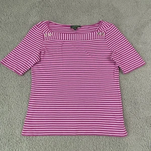 Lauren Ralph Lauren Hemd Damen Large Rosa Weiß Gestreift Knopfdetail Maritim - Bild 1 von 14