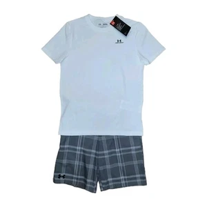 Under Armour Youth Medium Gray Plaid Chino Shorts & White Logo T-shirt Outfit - Picture 1 of 8