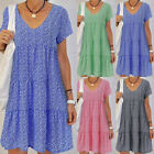 Women's Boho Short Sleeve Mini Dress Holiday Summer Ruffle Loose Swing Sundress.