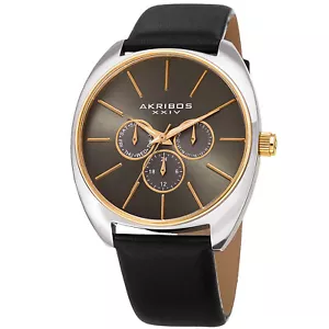 Men's Akribos XXIV AK998BKG Chronograph Black Grey Leather Strap Watch - Picture 1 of 4