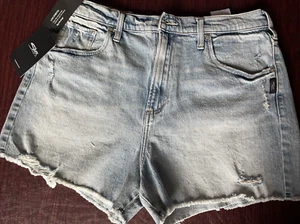 Pantalones de mezclilla plateados cortos, altamente deseables, talla 32, azul denim, tiro alto, $64 nuevos con etiquetas - Imagen 1 de 12