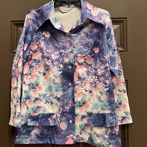 Vintage NPC Fashion Watercolor Floral Shirt Blouse Button Down Large Retro 70’s - Picture 1 of 8