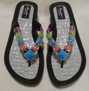GRANDCO SANDALS Beach Pool BLACK THONG COLORED STONES Jeweled DRESSY Flip Flops - Picture 1 of 2