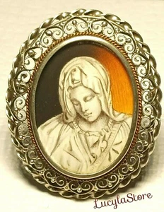Vintage 800 Silver Filigree Hand Painted Madonna Portrait Italian Pendant Brooch - Picture 1 of 12