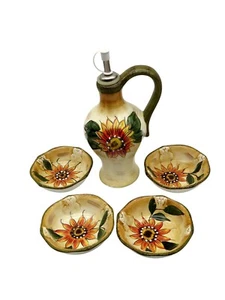 Sonnenblume Keramik Ölglas Flasche und Drizzler mit 4 Dippschalen - Bild 1 von 5