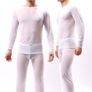 Mens Thin Long Johns Set Ice Silk Long Underwear Long Sleeves Top+bottom 2pc Set