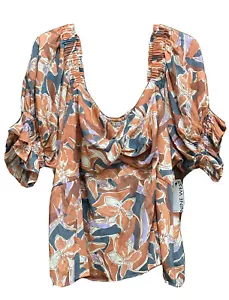 Nine West Blouse Womens Plus Size 2X Twist Front Puff Sleeve Top Brown Palm NWT - Picture 1 of 9