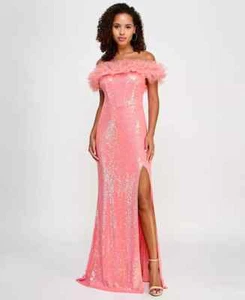 pear culture Juniors' Tulle-Trim Off-The-Shoulder Sequin Gown Party Dress 5/6 - Picture 1 of 13