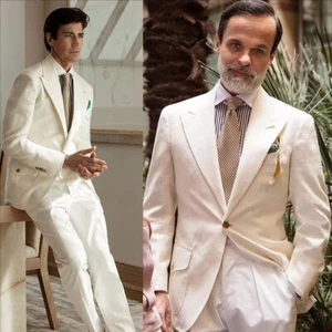 Tuta uomo avorio pizzo bavero business sposo smoking matrimonio ballo 2 pezzi personalizzata - Foto 1 di 8