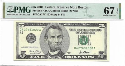 2001 $5 BOSTON FRN. PMG SUPERB GEM Uncirculated 67 EPQ Banknote. - Image 1 of 2