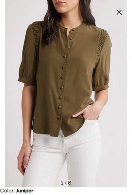 FRAME, Blusa The Silk Gathered Manga Corta Abotonada, Verde, Para Mujer Talla L Foto 1 de 4