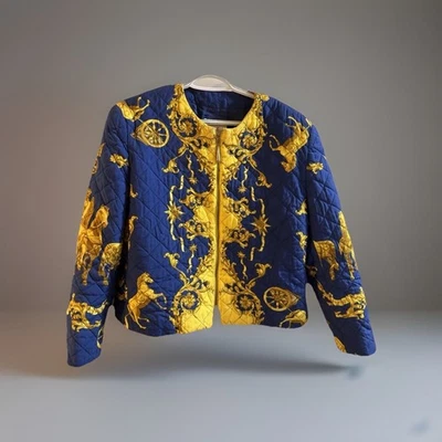 Baroque Print Quilted Jacket Blue Gold Chain Pattern Size 12 Designer Style - Imagem 1 de 4
