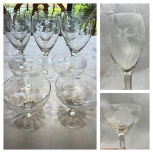 Vintage Etched Crystal Floral Wine Champagne Sherbet Stem Glasses MSM SET of 10 - Picture 1 of 21