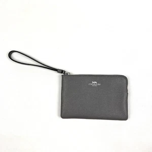 COACH Corner Zip Wristlet Wallet Gray Cross Grain Leather Travel Preppy Money - Picture 1 of 10