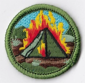 MERIT BADGE - SPOOF - TENT BURNING - 1-1/2" DIA. - PRIVATE ISSUE - Picture 1 of 1