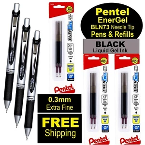 Pentel EnerGel BLN73A 0.3mm Needle Tip Black Gel Ink Pens & Refills - Picture 1 of 4