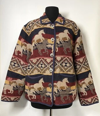 Jane Ashley Tapestry Jacket Horses Equestrian Western Aztec Button Front 1X - Image 1 of 4