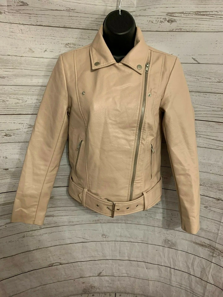 BB Dakota Women’s Motorcycle Faux Leather Jacket Zipper Front Ivory / Pink Sz XS - Image 1 of 4