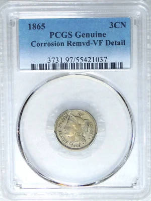 Nuevo soporte #SB54 1865 de tres centavos de níquel graduado detalle en muy buen estado bonito brillo recién graduado Foto 1 de 4