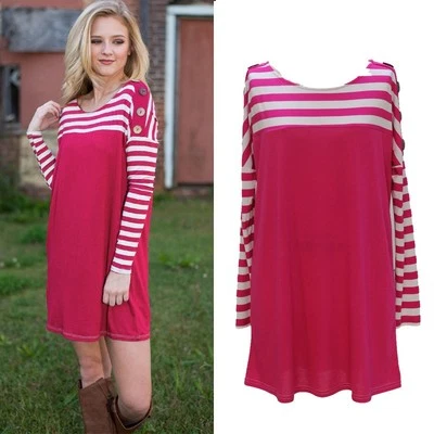 Mujer Manga Larga Rayas Empalme Informal Algodón Prendas para el torso Blusa Camiseta Mini Vestido Foto 1 de 4