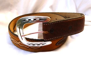 New Tony Lama Two Tone Brown Leather Black & White Stitches Western Belt Size 32 - Picture 1 of 7