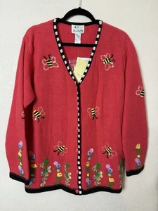 NWT Quacker Factory Bumble Bee Flower Cottagecore Sweater Size Large Pink Coral - Picture 1 of 3