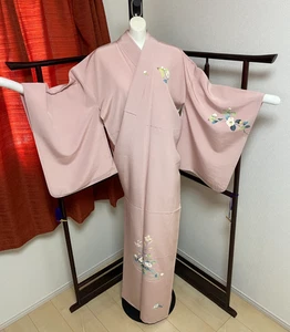 Japan Kimono Homongi M hellrosa farbig Blumenmuster gebraucht Seide Kyoyuzen - Bild 1 von 9