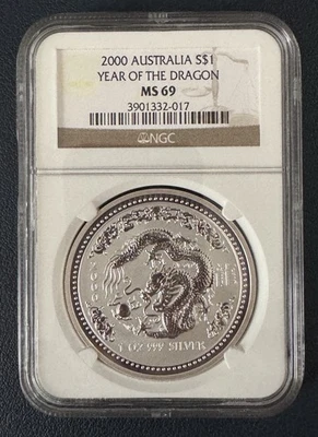2000 Australian Lunar 1 Oz silver coin. Year of the Dragon NGC MS 69 - Nice Coin - Image 1 of 4