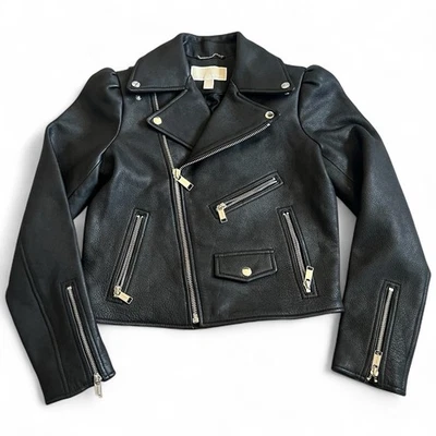 Chaqueta de moto Michael Kors de cuero negra para mujer talla XS cremallera asimétrica Foto 1 de 4